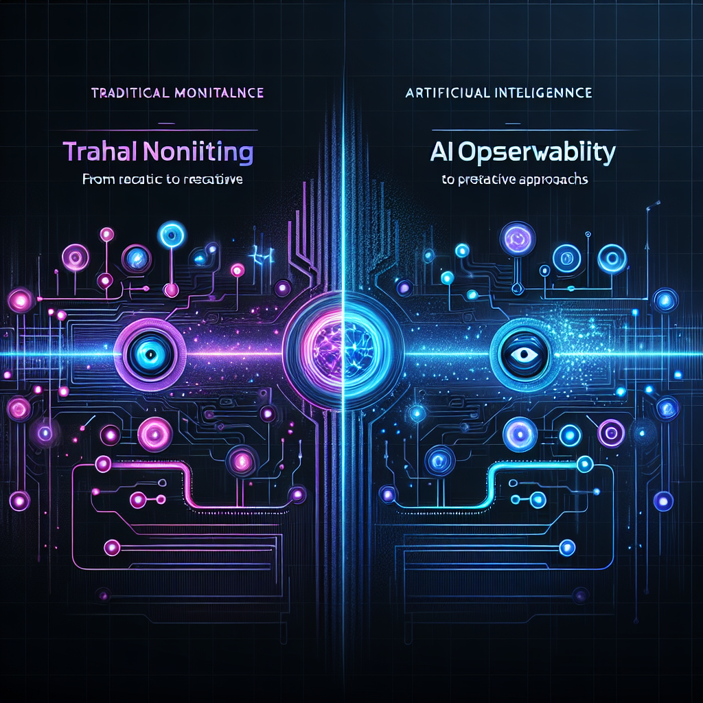 Ein Vergleichsdiagramm zwischen traditionellem IT-Monitoring und AI-Ops Observability, das die Entwicklung von reaktiven zu prädiktiven Ansätzen zeigt