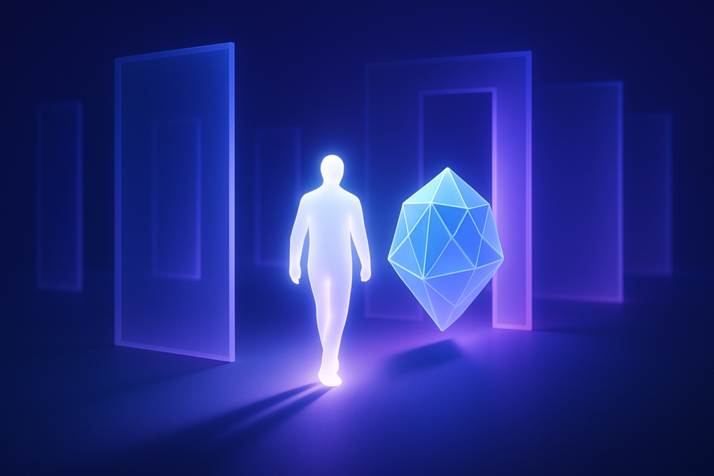 Abstraktes Titelbild: eine leuchtende menschliche Figur geht durch offene Lichttore, daneben bewegt sich eine kristalline geometrische Form auf demselben Weg